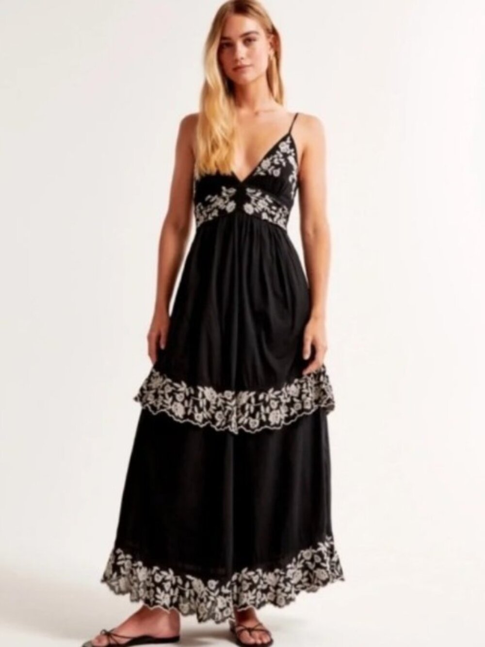 Abercrombie & Fitch Black Maxi Dress with Cream Floral Embroidery Size SP
